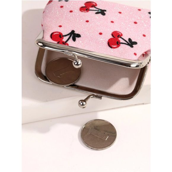 SPARKLY CARTOON CHERRY GRAPHIC KISS LOCK COIN PURSE PINK - Picture 4 of 5